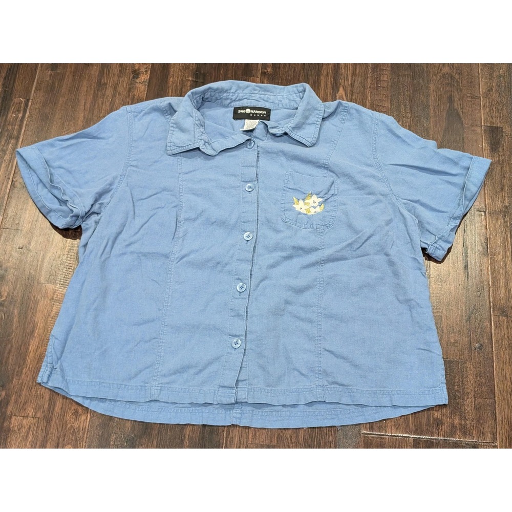 Sag Harbor Shirt Womens 1X Blue Linen Short‎ Sleeve Button Front Embroidered